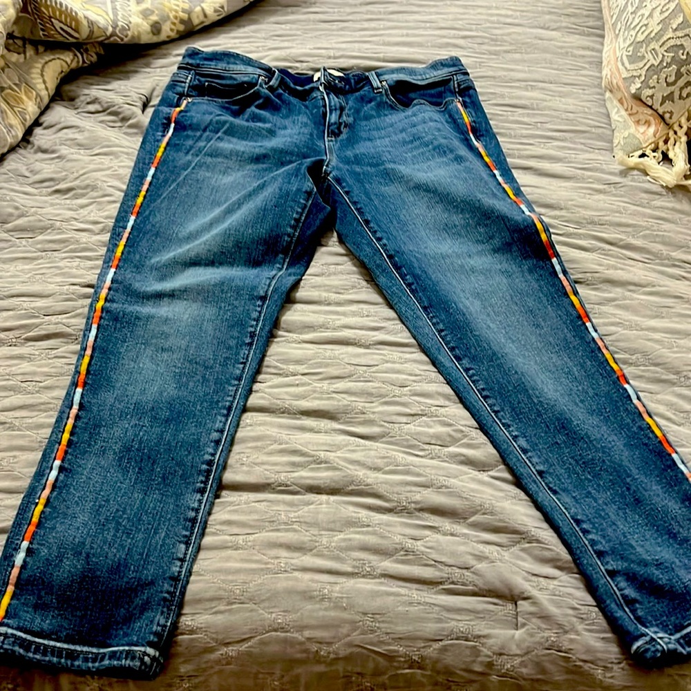Loft cropped jeans. Multi colored detailing on side of legs